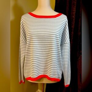 NWOT Women’s size L gray & white striped cotton crew neck sweater w/orange trim